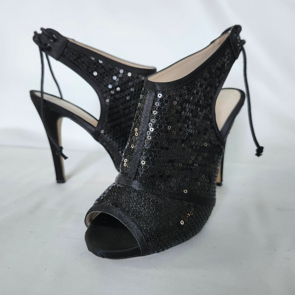 Caparros Black Sequin Satin Peep Toe Pumps Shoes Sandal Heels Size 7 B